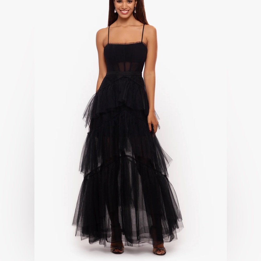 Betsy & Adam Black Tiered Tulle Ruffle Gown. Only worn once!